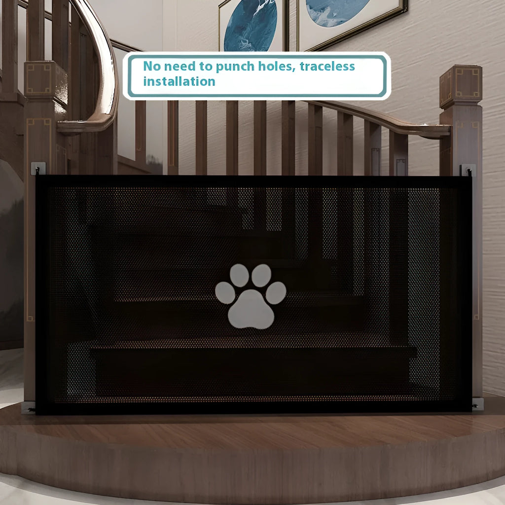 Portable folding dog barrier net fence with pet doorsill in black dog footprint design