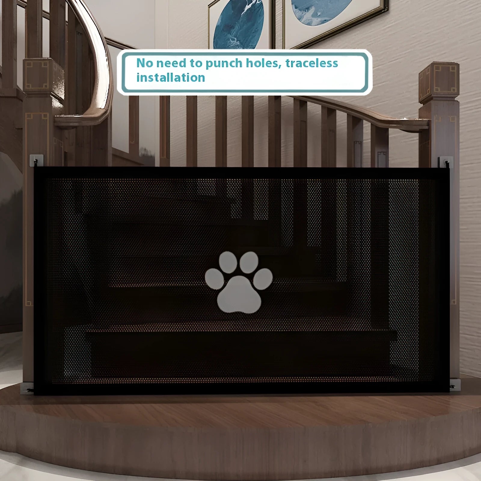 Portable folding dog barrier net fence with pet doorsill in black dog footprint design