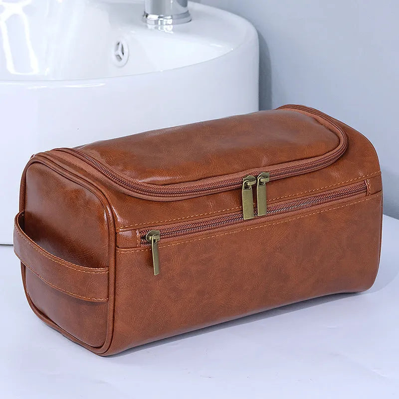 Large capacity waterproof cosmetic storage bag in retro style with PU leather construction