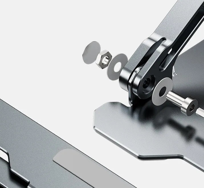 Grey aluminum laptop stand showing adjustable angle mechanism and folding design