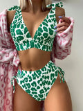 Women's printed lace-up chest cover high waist suit set with sleeveless top and shorts in purple leopard print on white background
