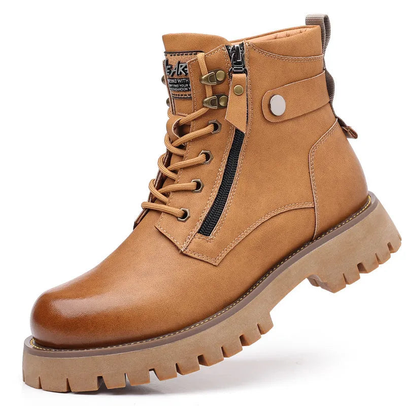 Men's brown high-top leather boots with velvet lining and side zipper, showing round toe and mid-heel design