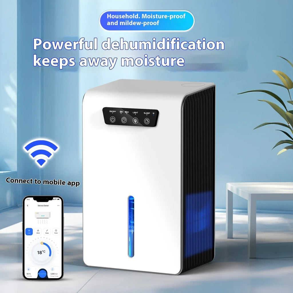 Milky white portable small dehumidifier for bedrooms with a 4-litre water reservoir.