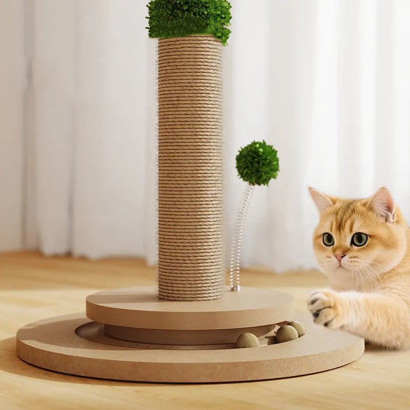 Vertical cat climbing frame with hemp rope posts in a canna colour with chamfered columns.