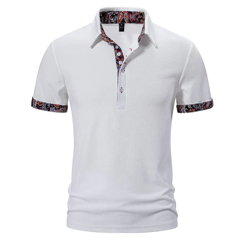 A man's regular fit polo shirt with a turnover collar, short sleeves, and colour-contrast stitching.