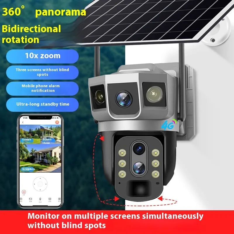 V380 4G outdoor monitor camera with solar panel, 10x zoom, and night vision in ABS plastic housing