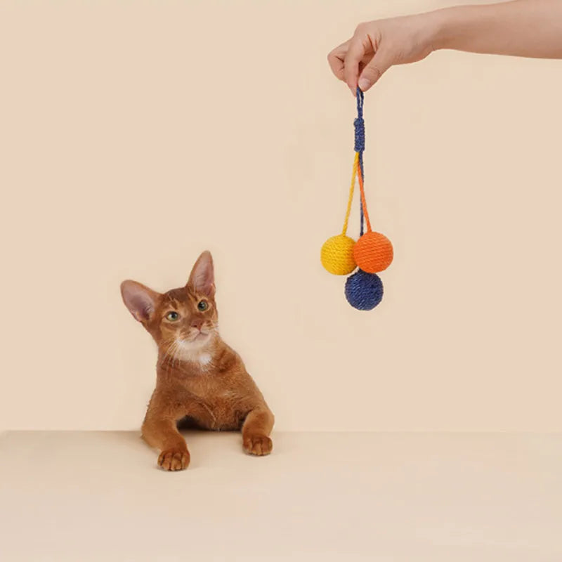 Cat toy set with blue green red yellow wand and bite-resistant catnip ball