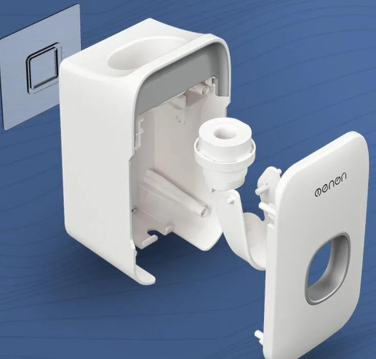 Automatic toothpaste dispenser unit in blue, grey, and pink colours made from ABS plastic.