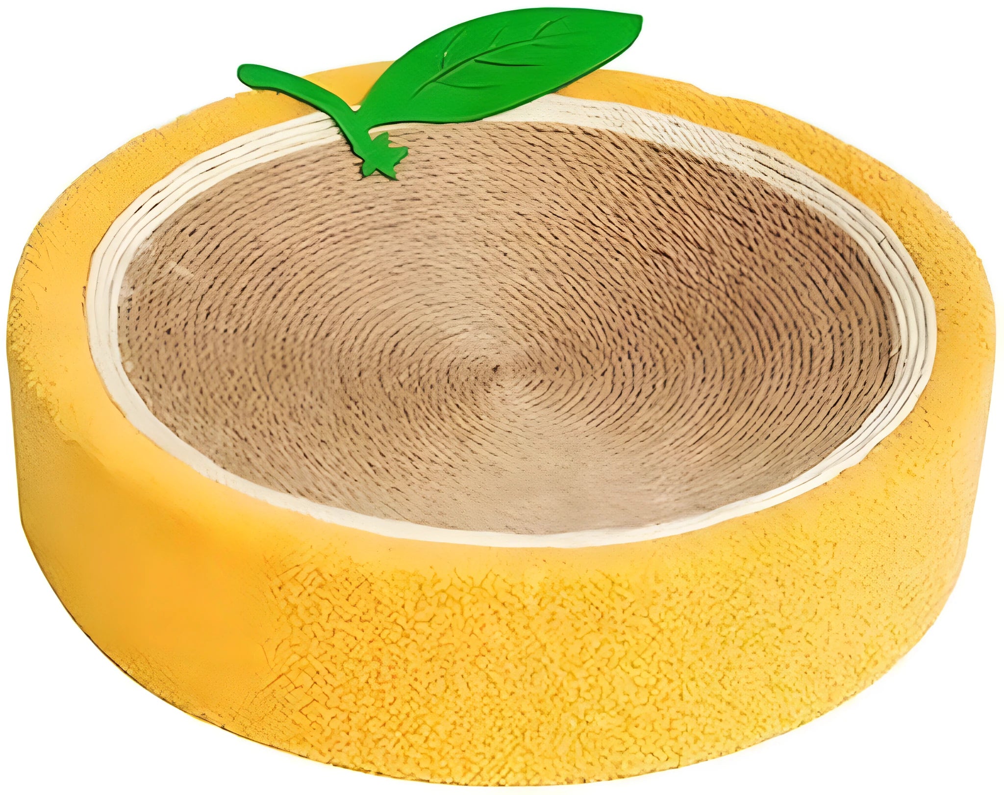 Yellow round sisal cat scratching board with concave centre, dimensions 390mm.