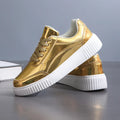 Rose gold sequined platform sneakers with round toe and thick MD sole