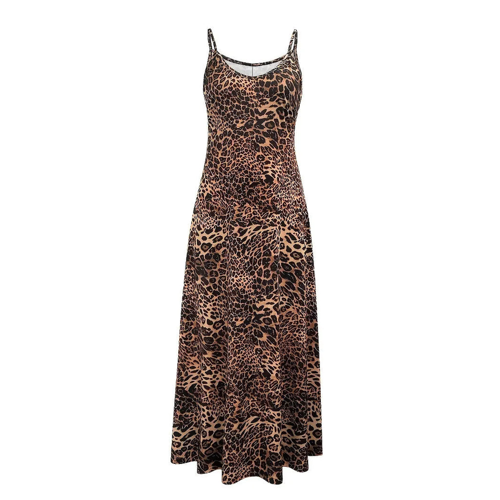 Dark brown leopard print sleeveless dress with shoulder straps and long hip skirt