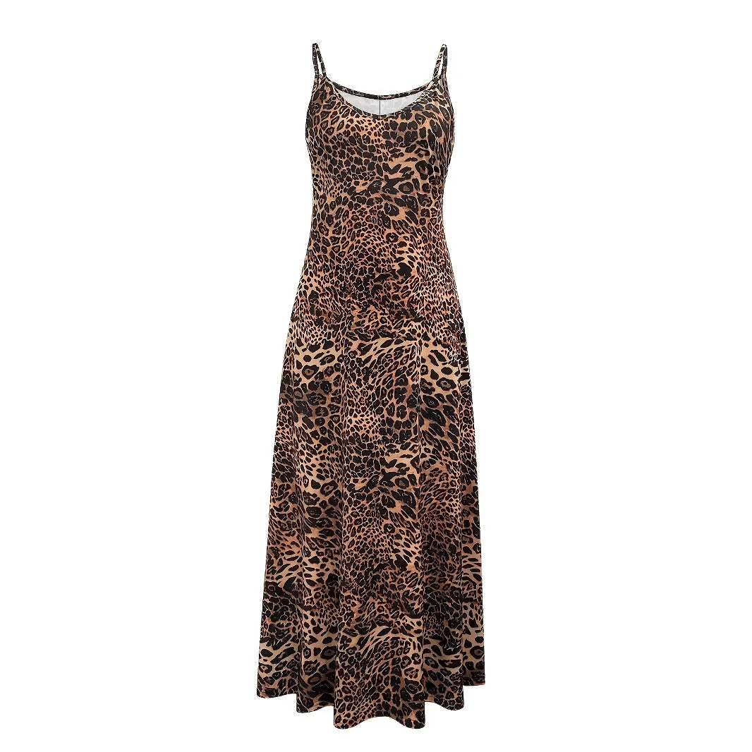Dark brown leopard print sleeveless dress with shoulder straps and long hip skirt