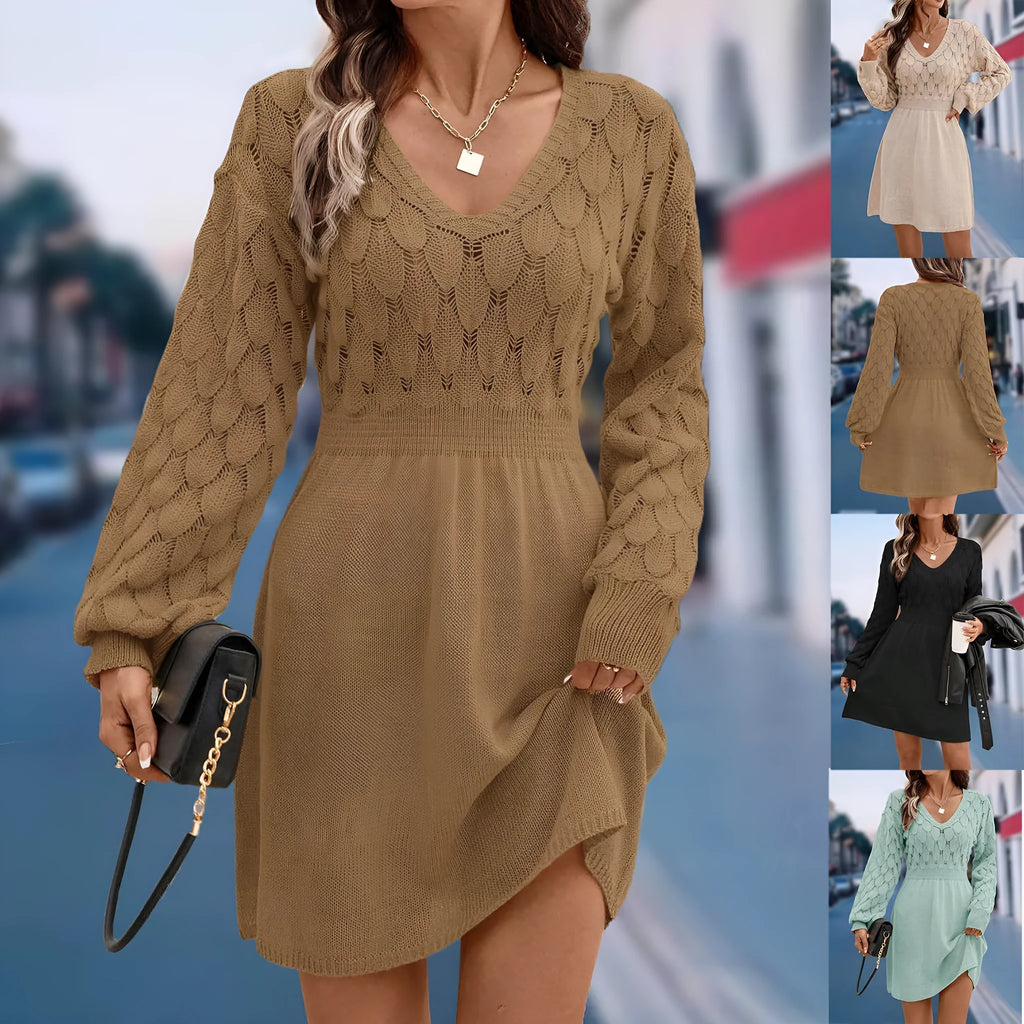 Women's apricot V-neck dress with long sleeves, high waist and a textured 3D pattern detail.