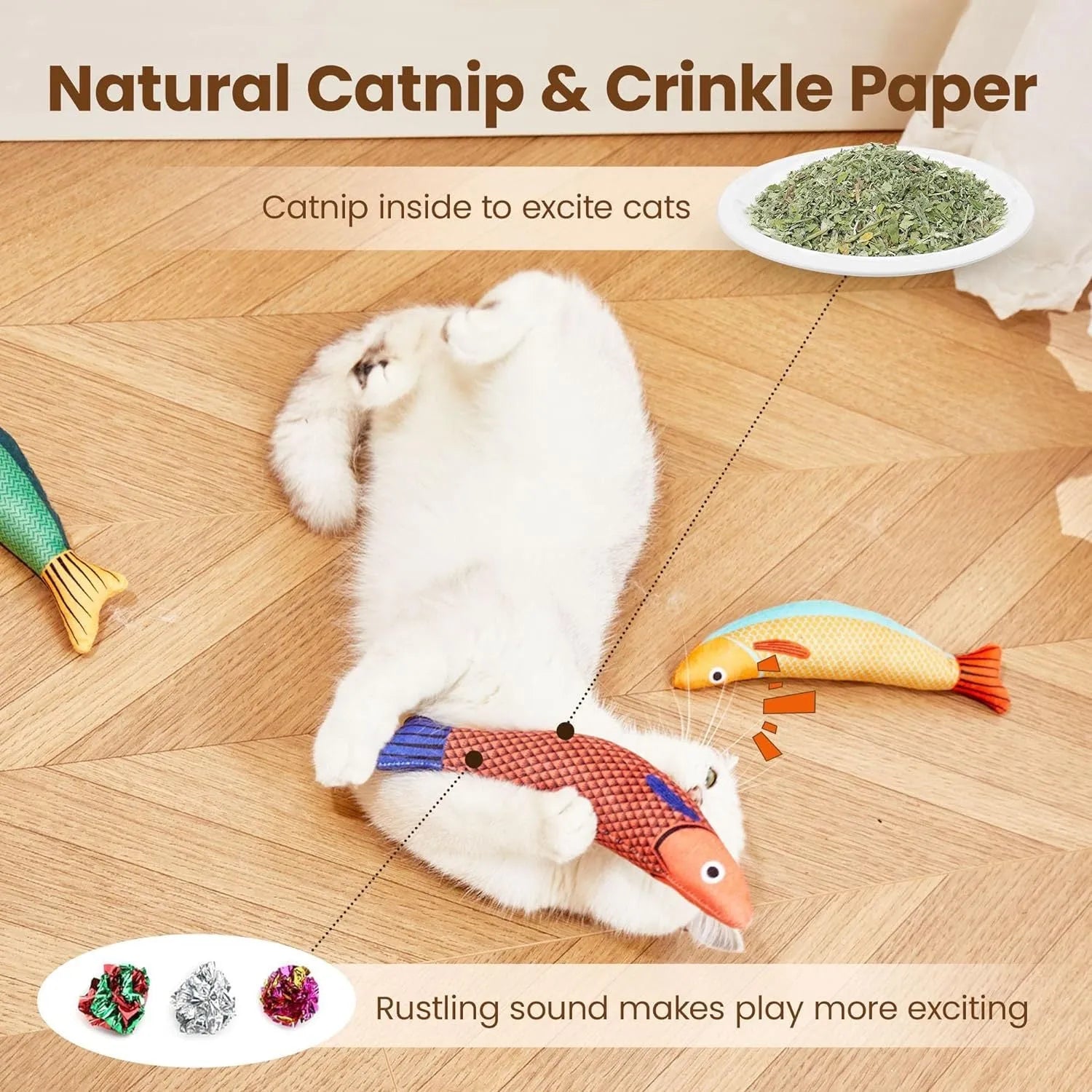 24cm long plush catnip fish toy in green colour with crinkle sound for feline play