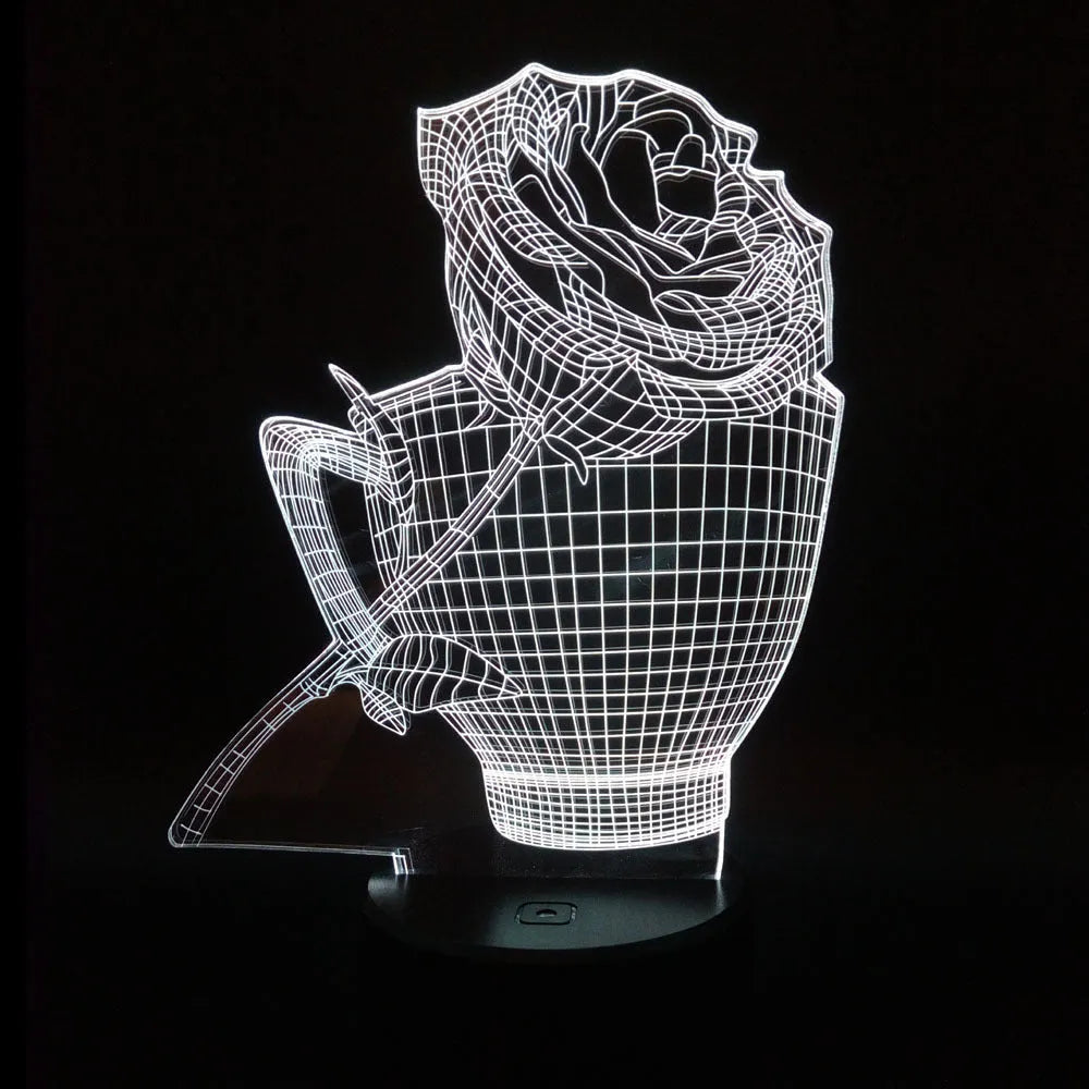 3D rose design acrylic LED night light with remote control on a black ABS base