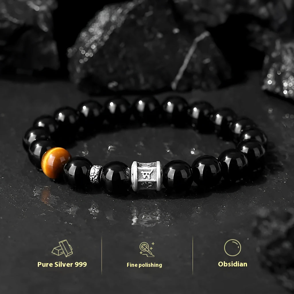 Pure silver obsidian six-word mantra bracelet for men, 10mm hand-woven prayer wheel style