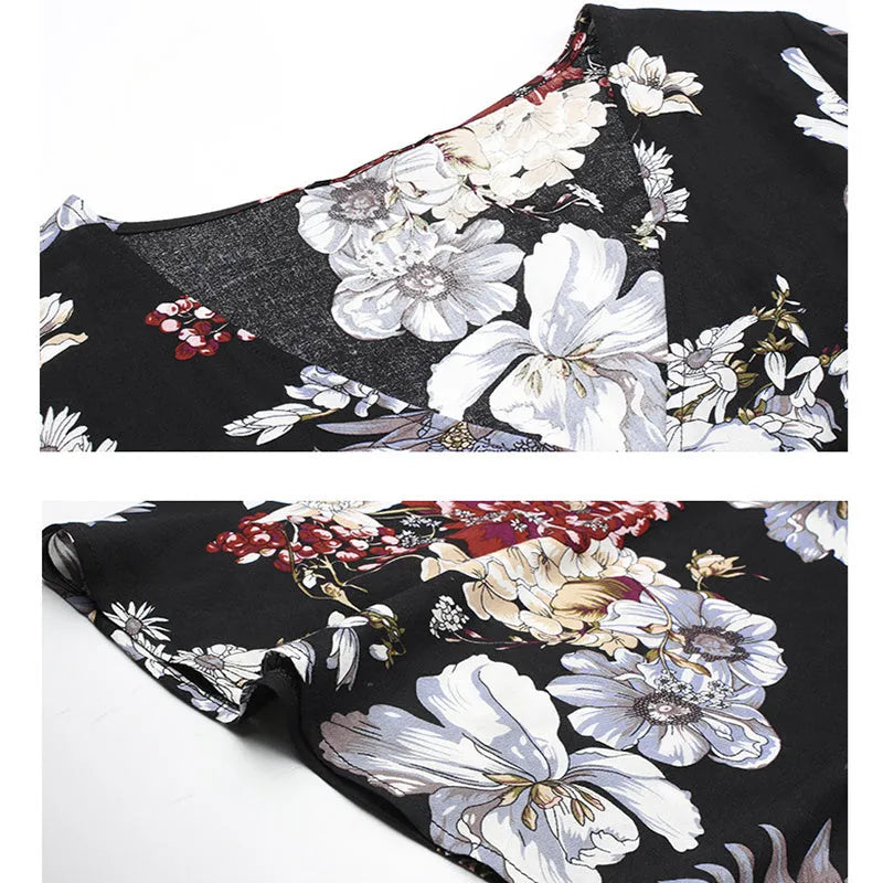 Women's floral print V-neck beach dress with elastic waist and short sleeves
