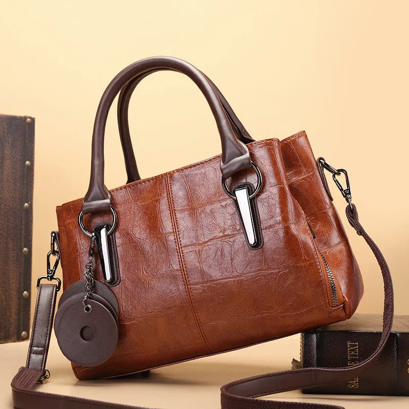Vintage brown PU leather horizontal square tote bag with single shoulder strap and open pocket