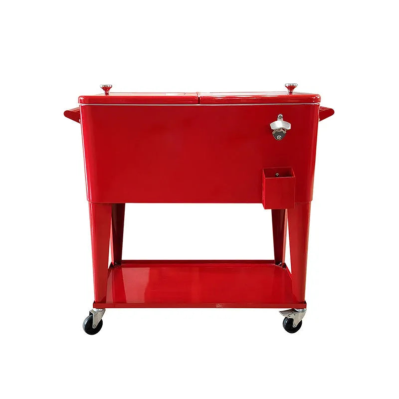 Red outdoor metal insulated trolley with 750ml cooling box for picnics
