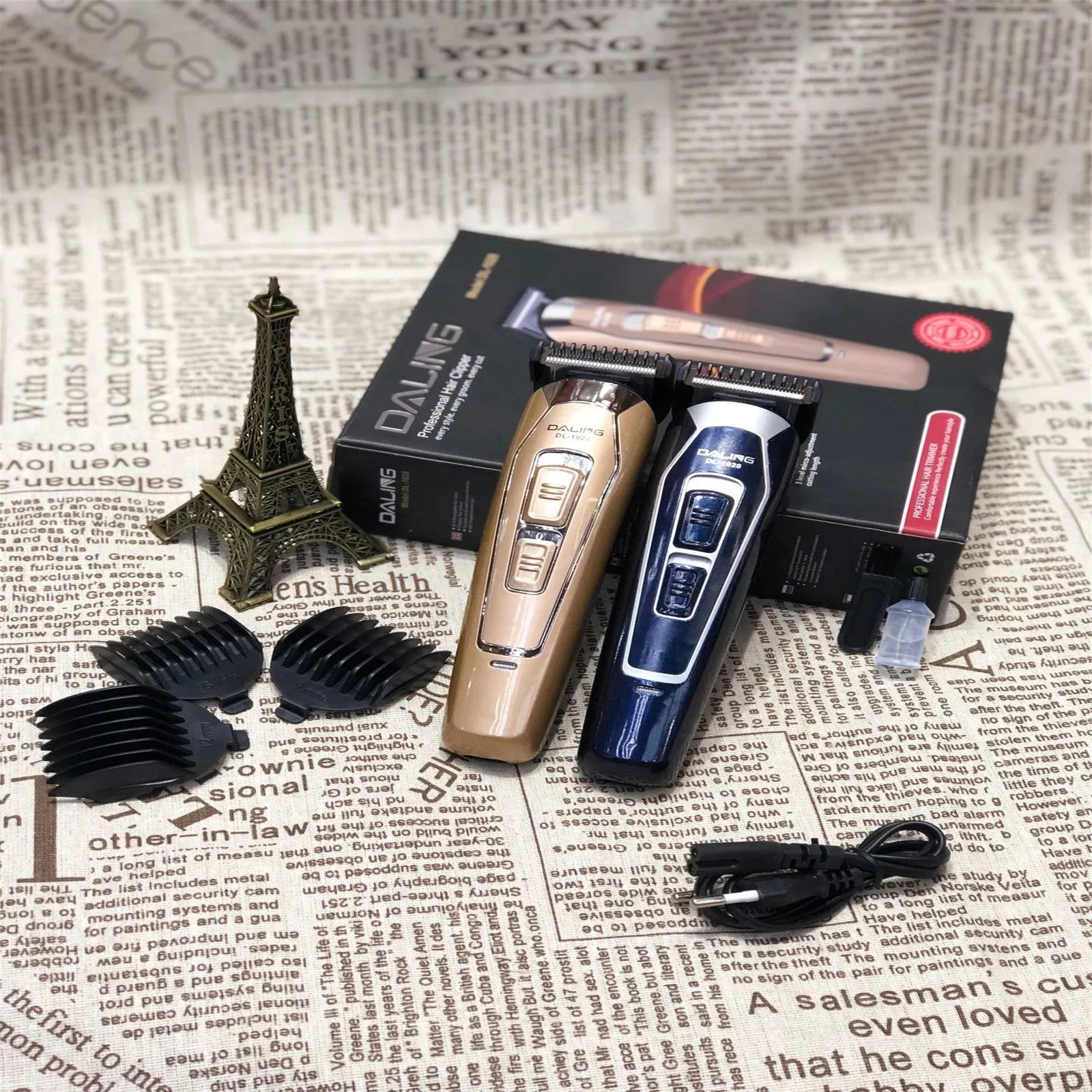 Rechargeable dark blue and coffee coloured electric hair clipper with stainless steel blades