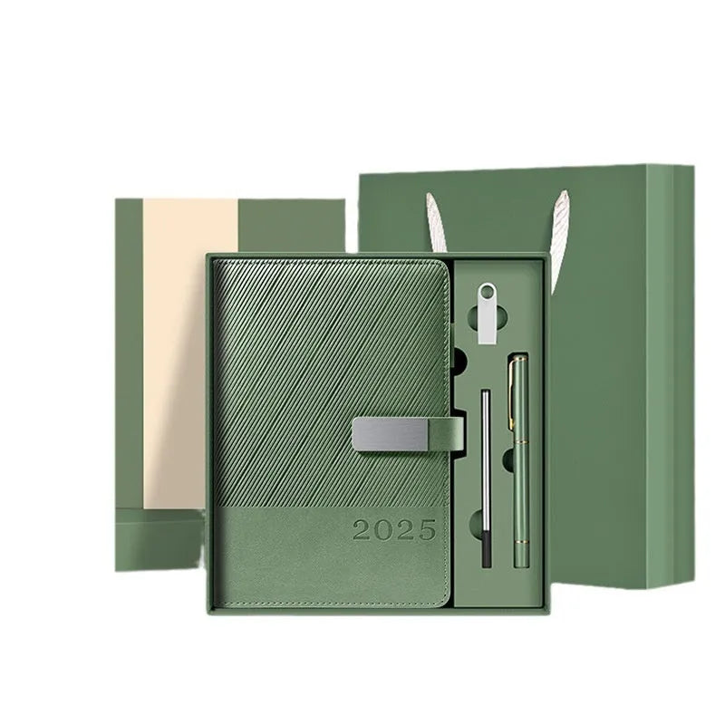 A5 business notepad with striped PU leather cover open on 80g wood-free paper, shown in Sky Blue colour.