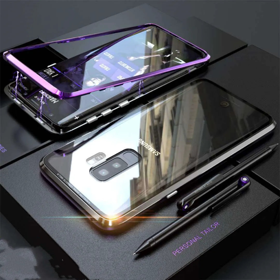 Black anti-peeping magnetic clamshell phone case for Samsung Galaxy smartphones shown closed.