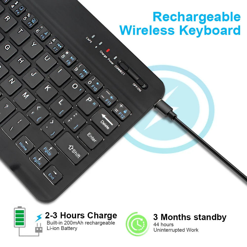 Black and white mini Bluetooth wireless keyboard shown in 10-inch, 9-inch, and 7-inch size options.