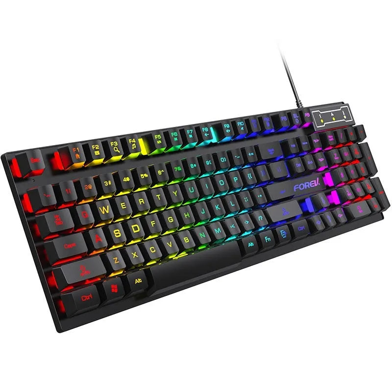 Black mechanical gaming keyboard with 104 keys and backlight on desk