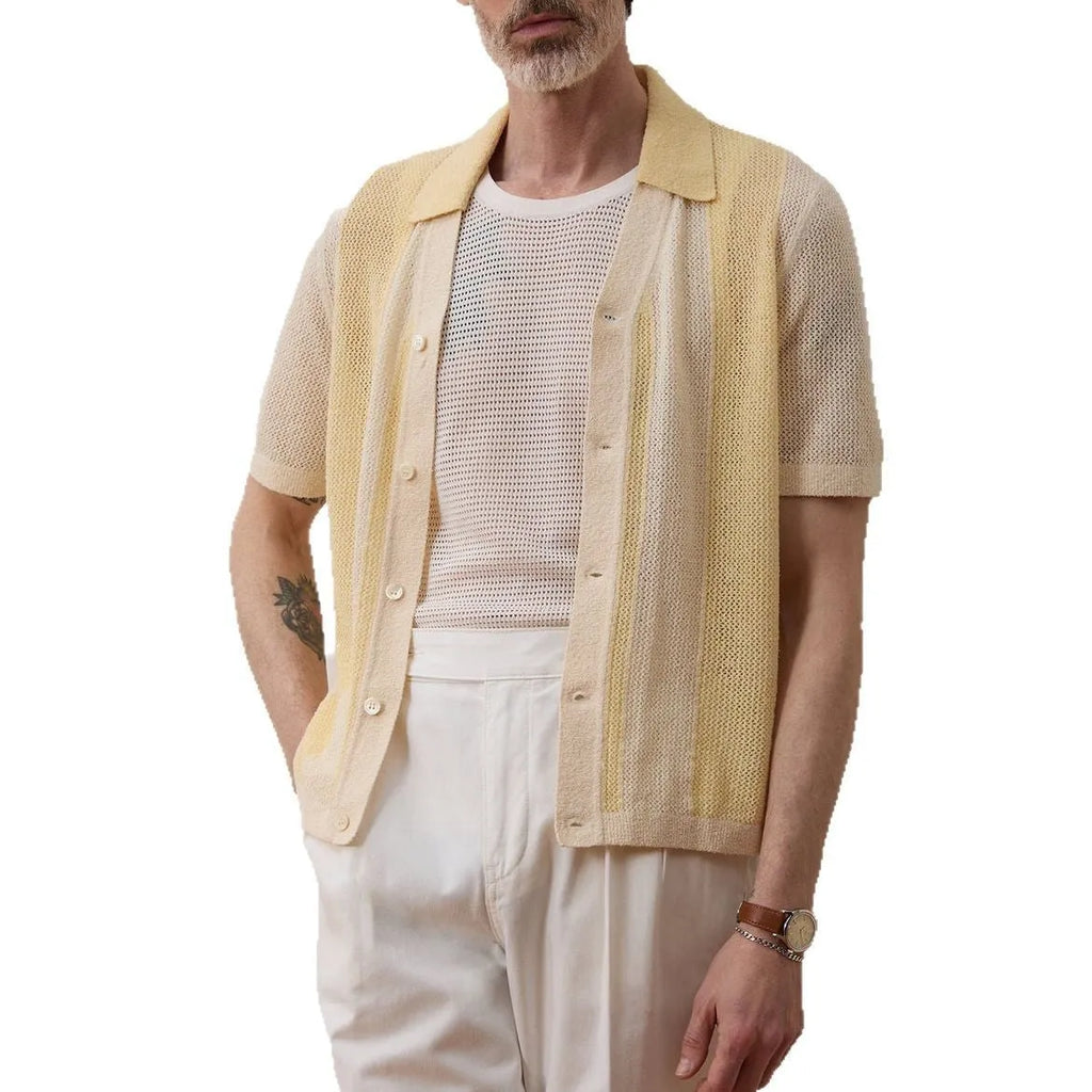 Yellow hollow-out short-sleeved Tencel casual polo shirt with asymmetric design, regular fit