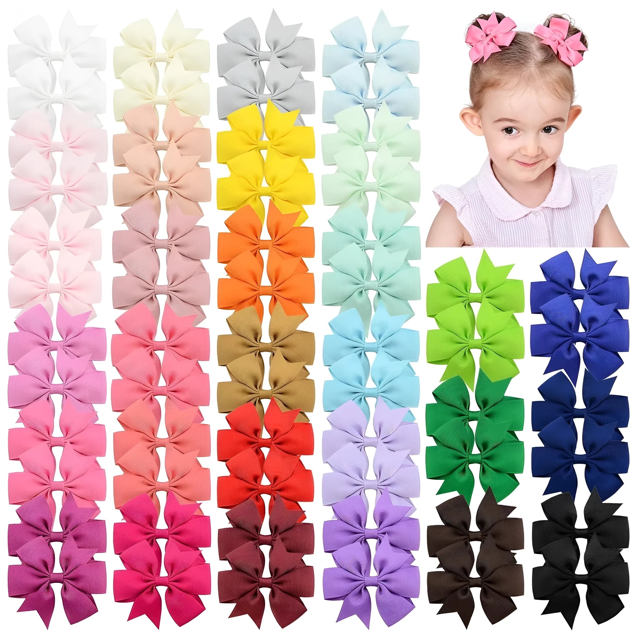 Set of 3-inch handmade grosgrain ribbon pinwheel hair bows with alligator clips, multi-coloured, for toddler girls