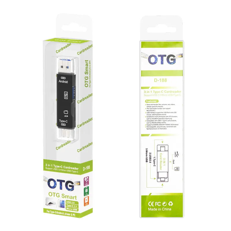 Black and white Type-C to Micro USB OTG hub adapter with TF card reader slot.