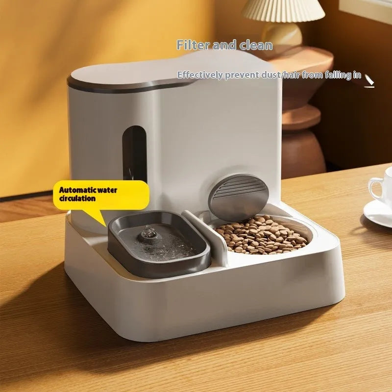 Cat automatic pet feeder water dispenser with integrated double bowl design in grey colour