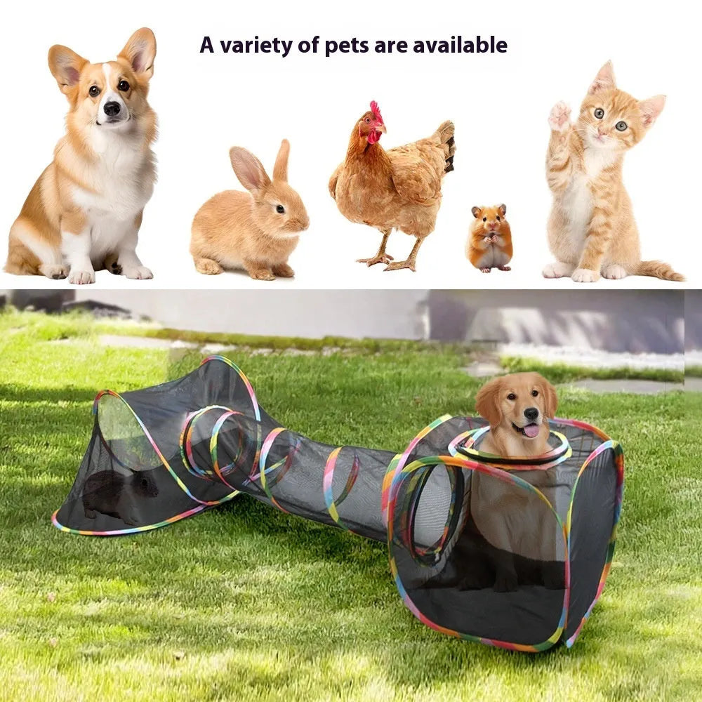 Foldable mesh cat roll cage pet toy showing multiple shape options including hexagonal and tent styles