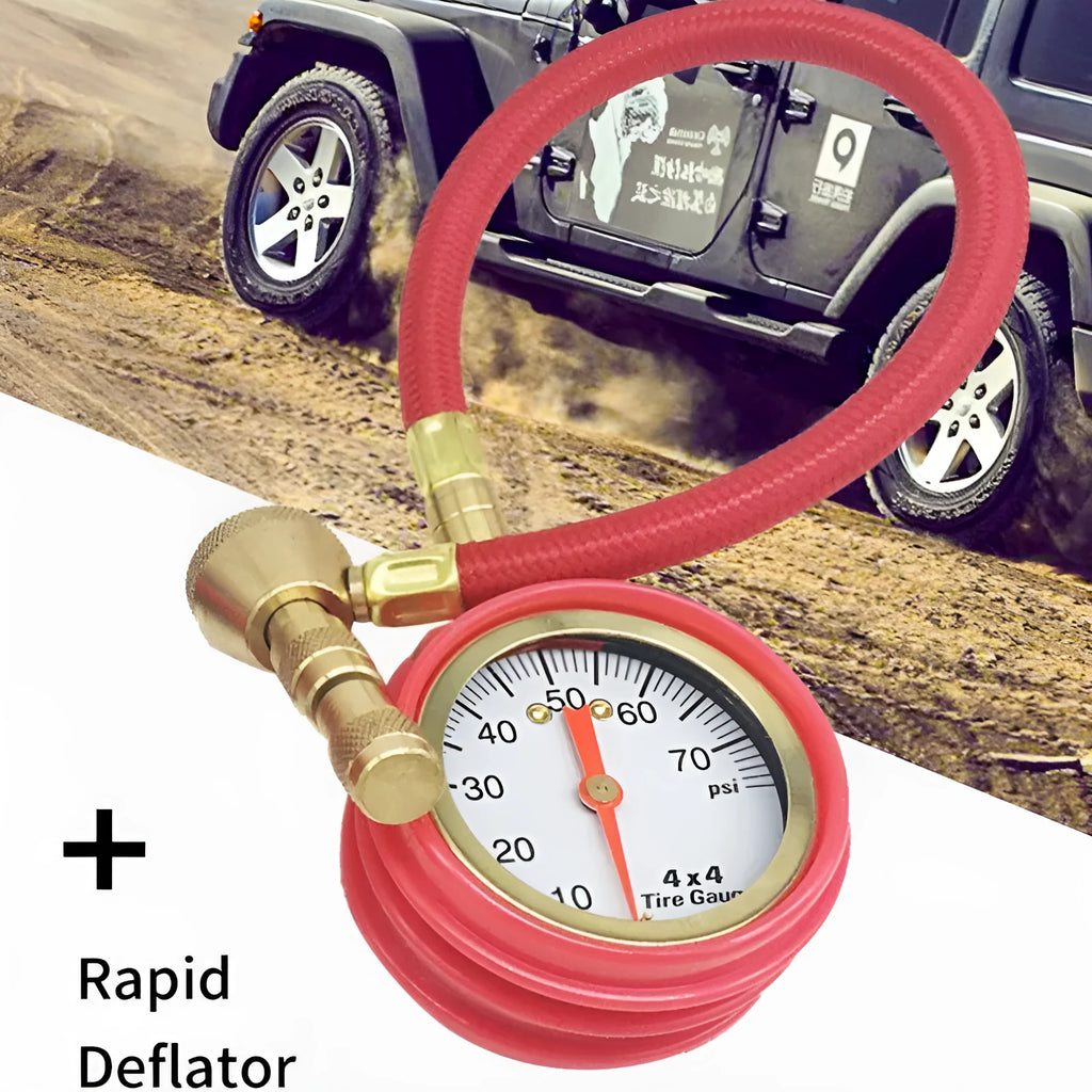 Mechanical automobile tyre pressure gauge with metal body and rubber shell in red, black, or silver finish