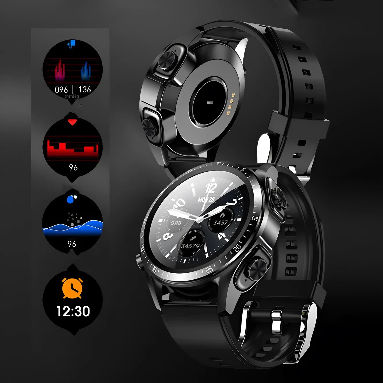 Black smart watch with silicone strap showing blood pressure monitoring on a 1.28-inch screen.