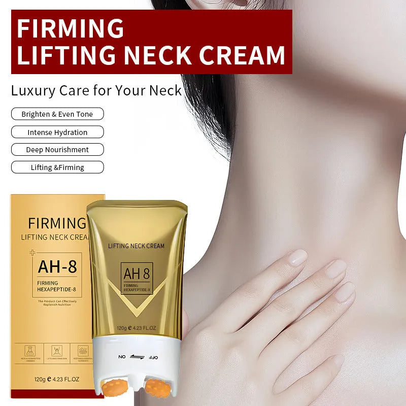 Tube of neck massage cream with roller applicator, moisturising firming 120g, compact size 8.8x3.5x16.5cm