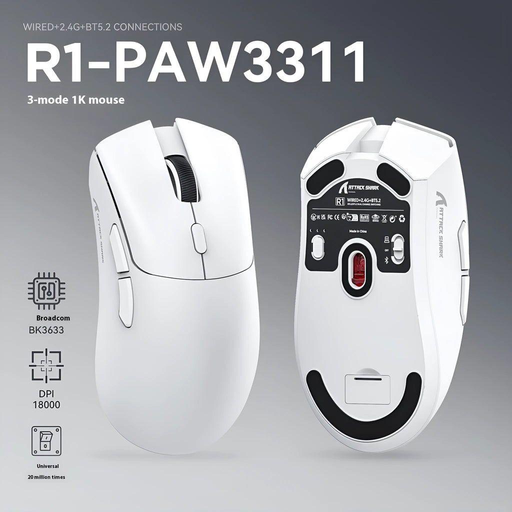 Attack Shark wireless Bluetooth mouse in black, white, or red colours showing compact design