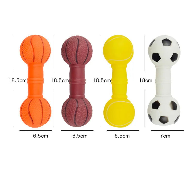 Colourful PVC football dumbbell shaped dog toy on a plain background.