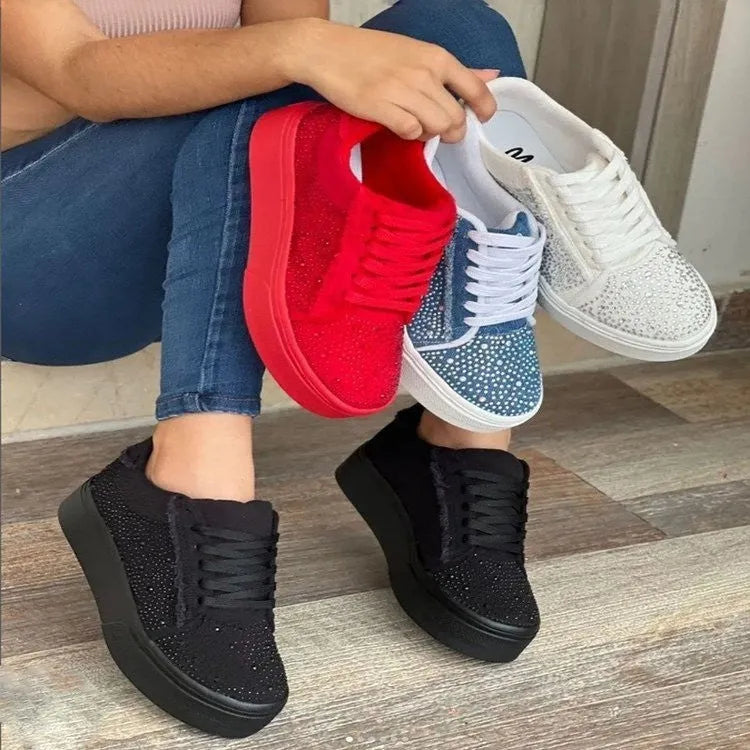 Plus size women's black casual lace-up shoes with rhinestone detail and a thick rubber chunky heel.