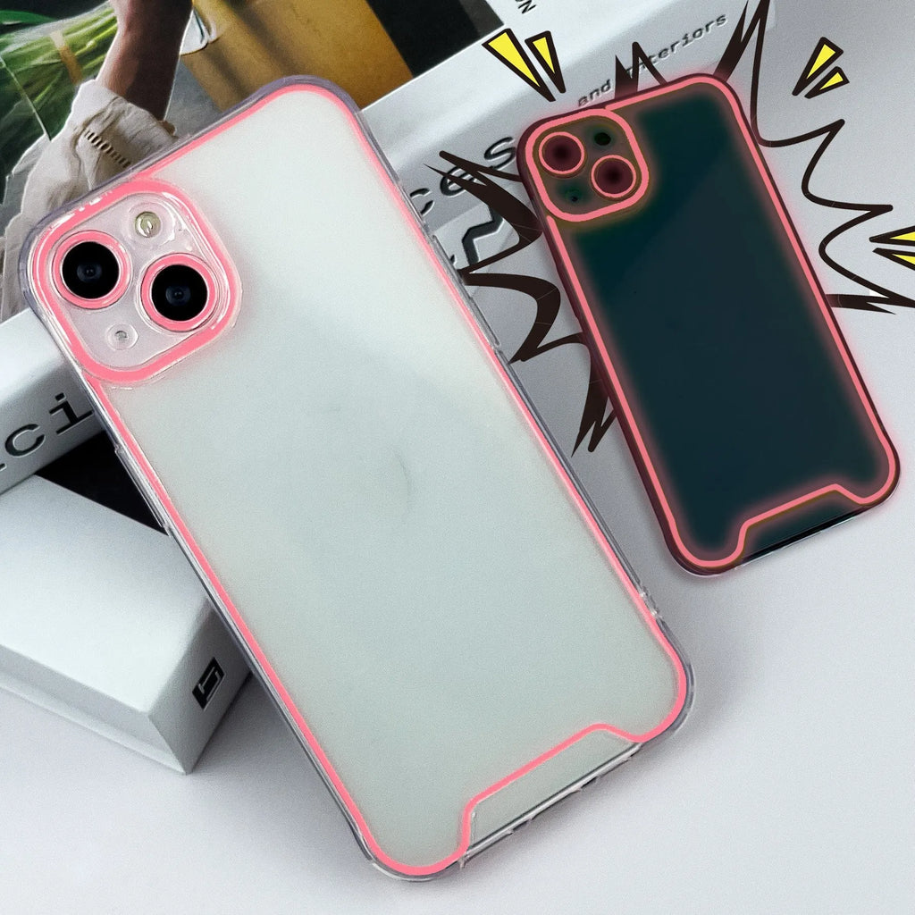 Glow in the dark soft TPU iPhone case shown in green, orange, blue, yellow, and pink colours