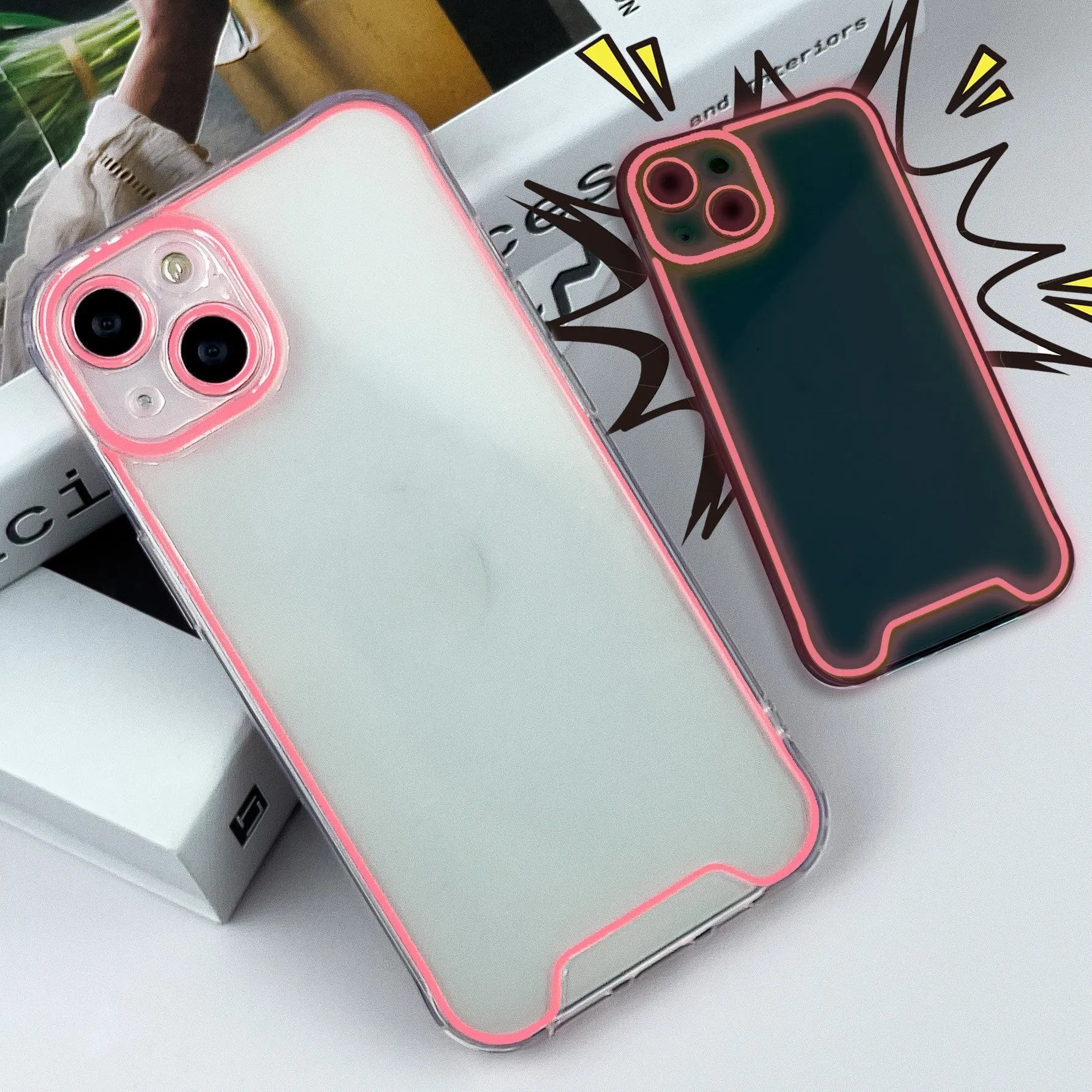 Glow in the dark soft TPU iPhone case shown in green, orange, blue, yellow, and pink colours