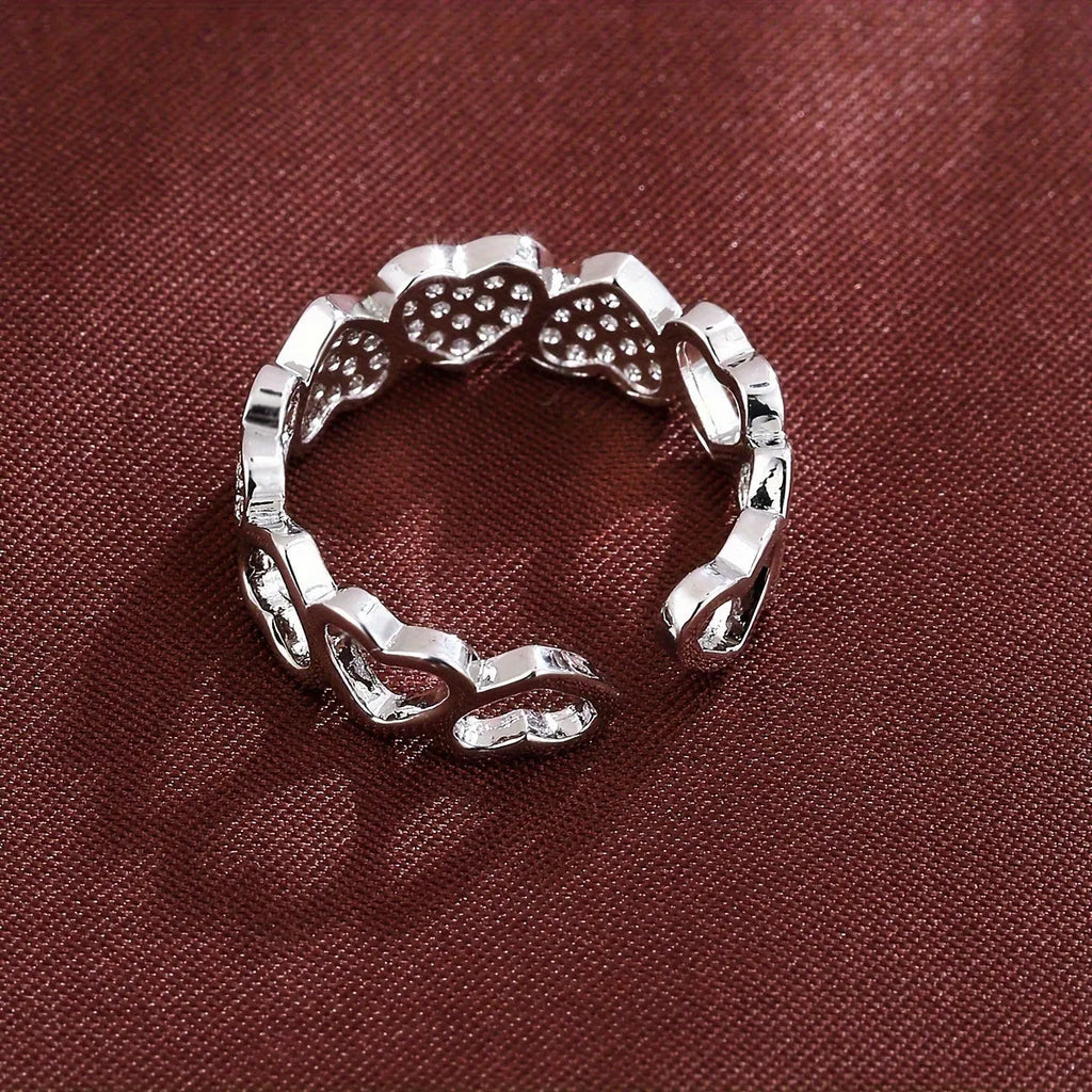 Adjustable opening couples ring with heart design in gold or silver finish