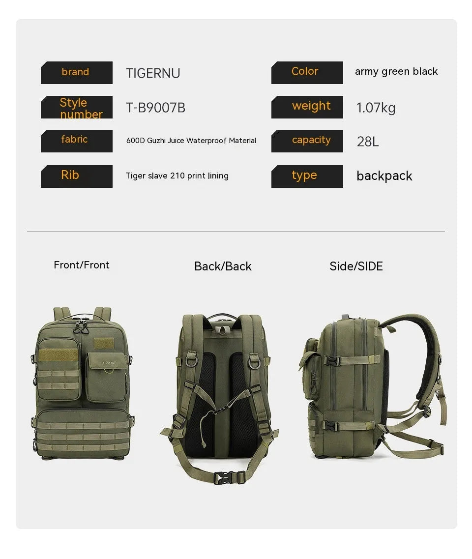 Army green tactical backpack with waterproof nylon construction and 17-inch size