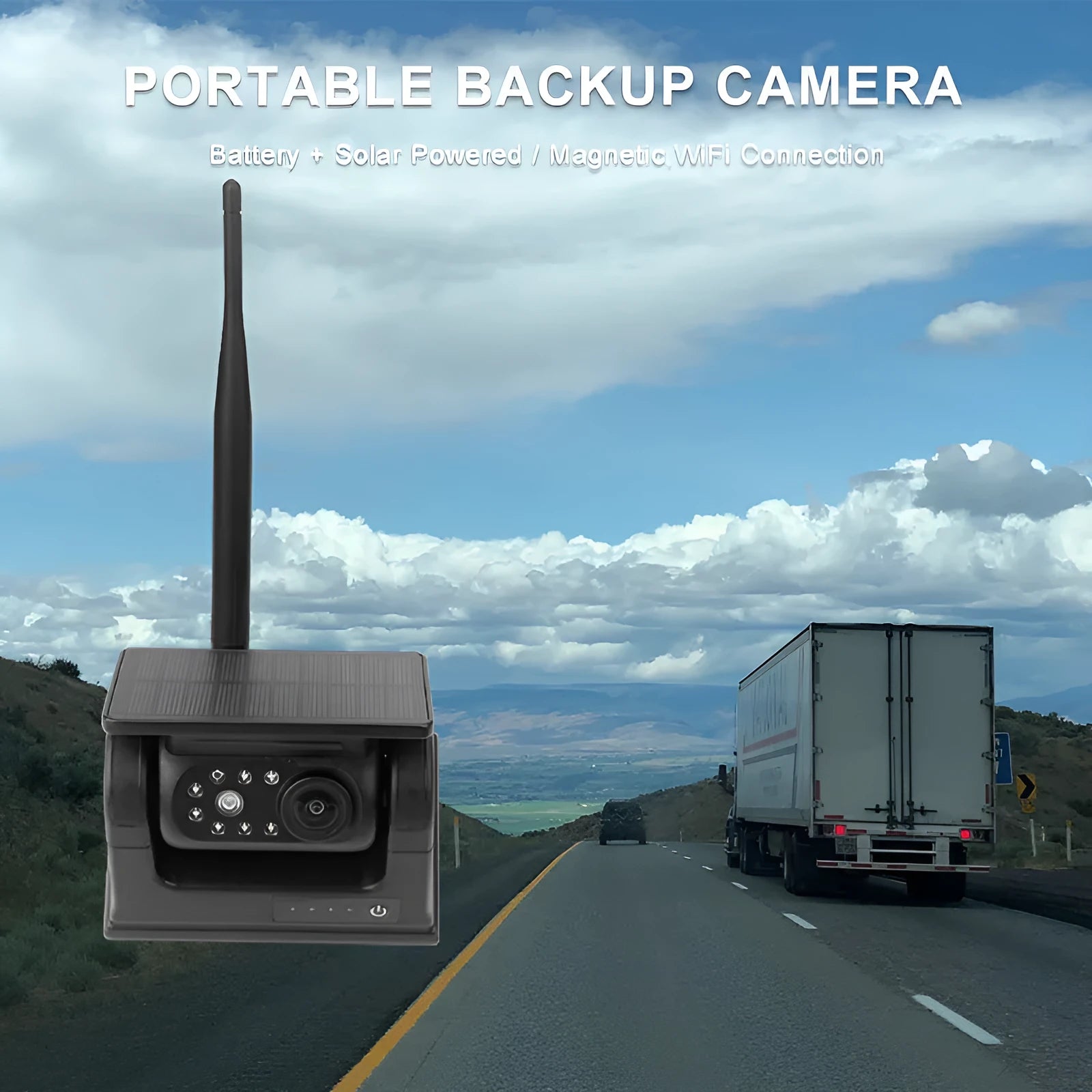 Black solar-powered wireless vehicle camera with aluminium alloy shell and a magnet base for mounting.