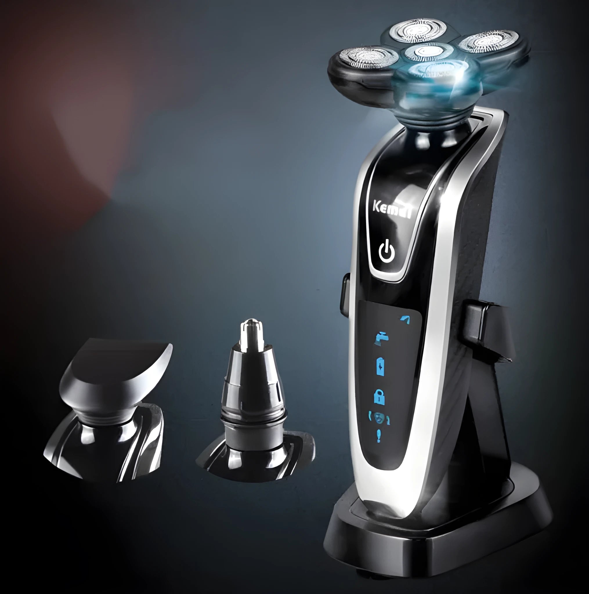 Smart rechargeable razor with ABS body, corner cutter head, nose hair trimmer, charging base, and carrying bag