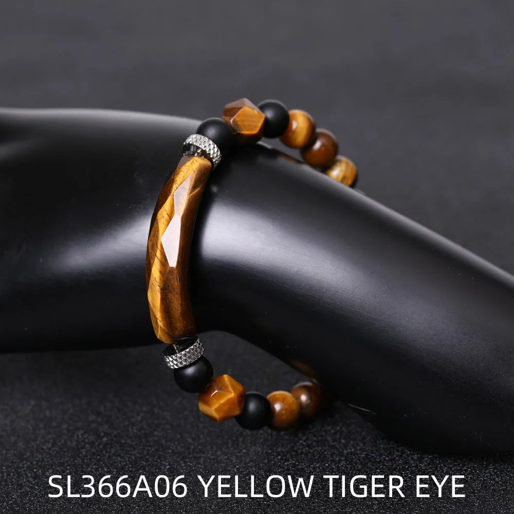 Handmade diamond-cut black agate bracelet for women and men on white background