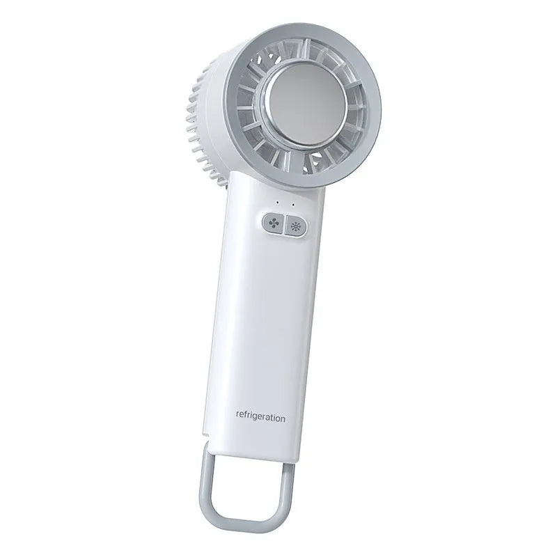 Mini handheld turbo jet fan in white with brushless motor, 3600mAh battery, and ice-cool function
