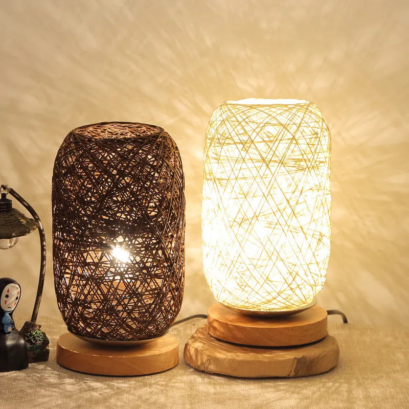Sepak Takraw ball design desk lamp made from brown hemp rope with LED light and wooden base