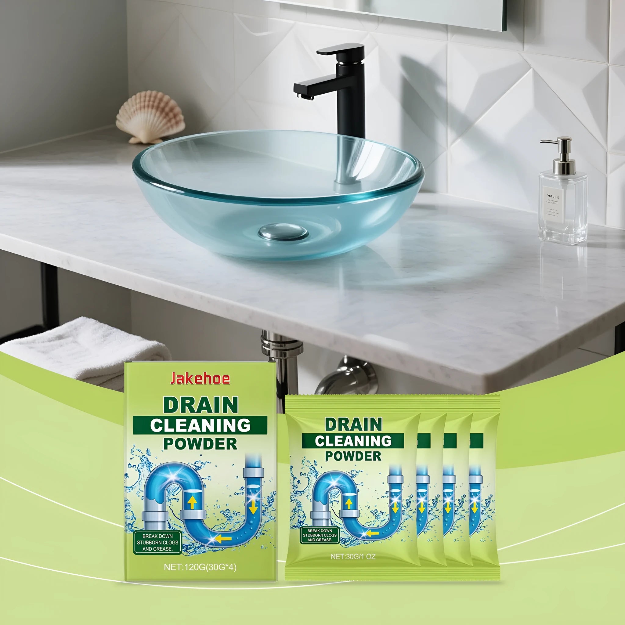 Container of 120 gram drain cleaning powder for sinks and toilets.