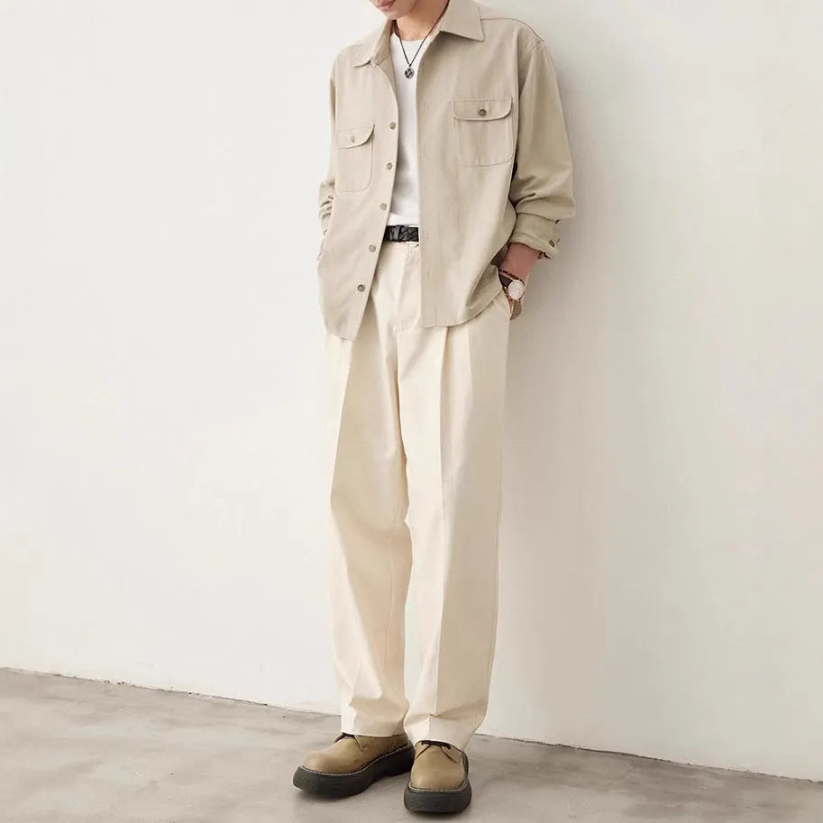 Men's cotton blend shirt with simple lapel in light sand rice or nautilidae colour.